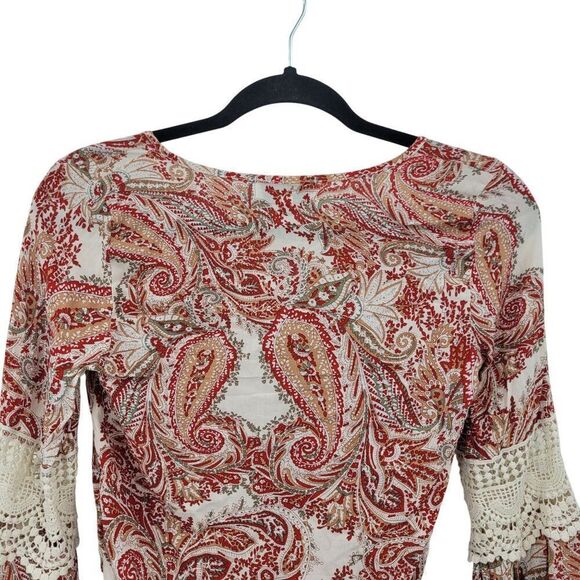 Kendall‎ + Kylie Boho Cropped Paisley Print Top Bell Sleeves Lace Trim Sz XS Red - Picture 10 of 13